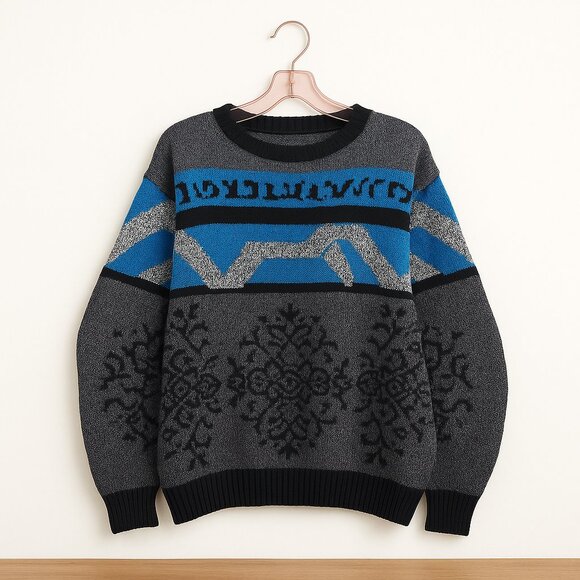 VINTAGE | NINO FORIERO | BLue & Black Abstract Knit Sweater - Picture 1 of 7